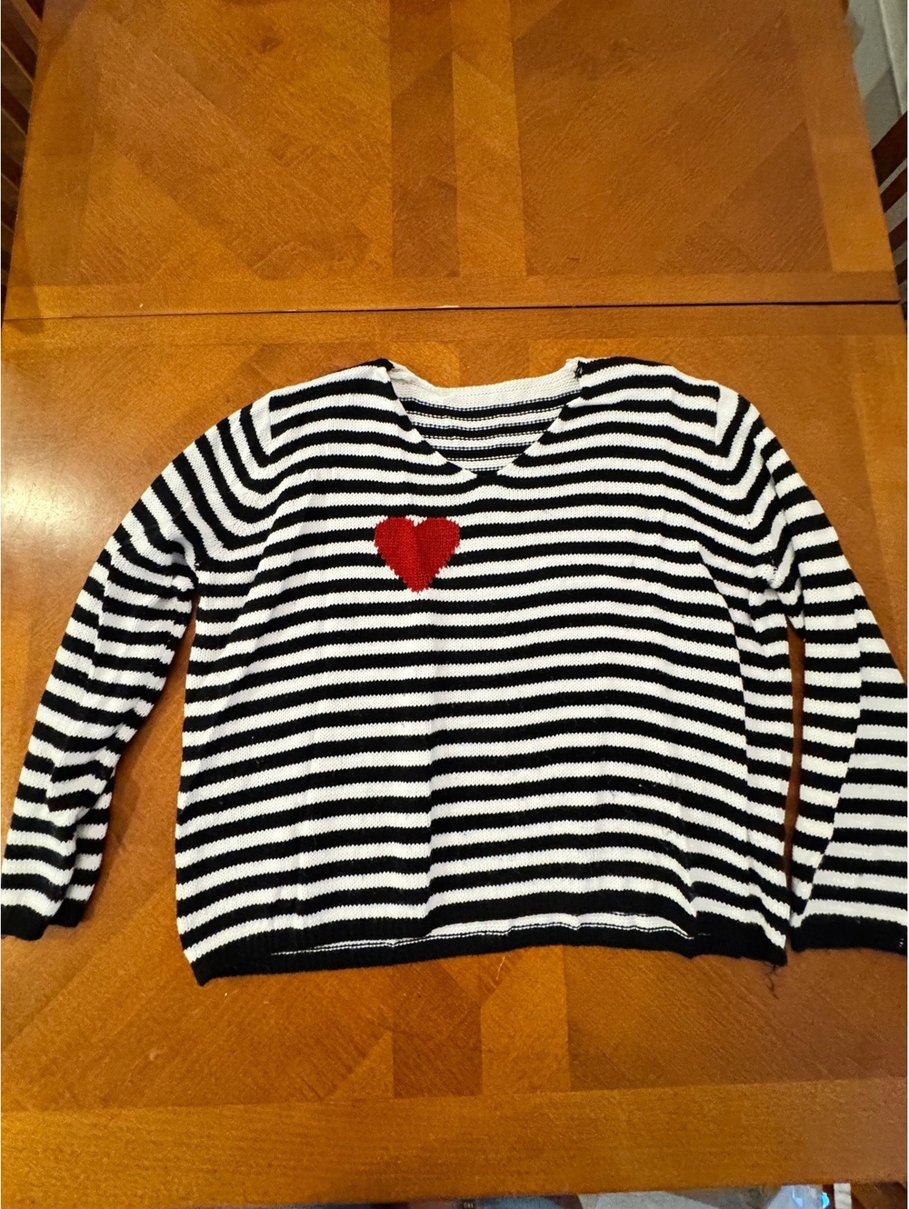 SHEIN Women's Black and White Striped Sweater with Red Heart Detail Size L 2723
